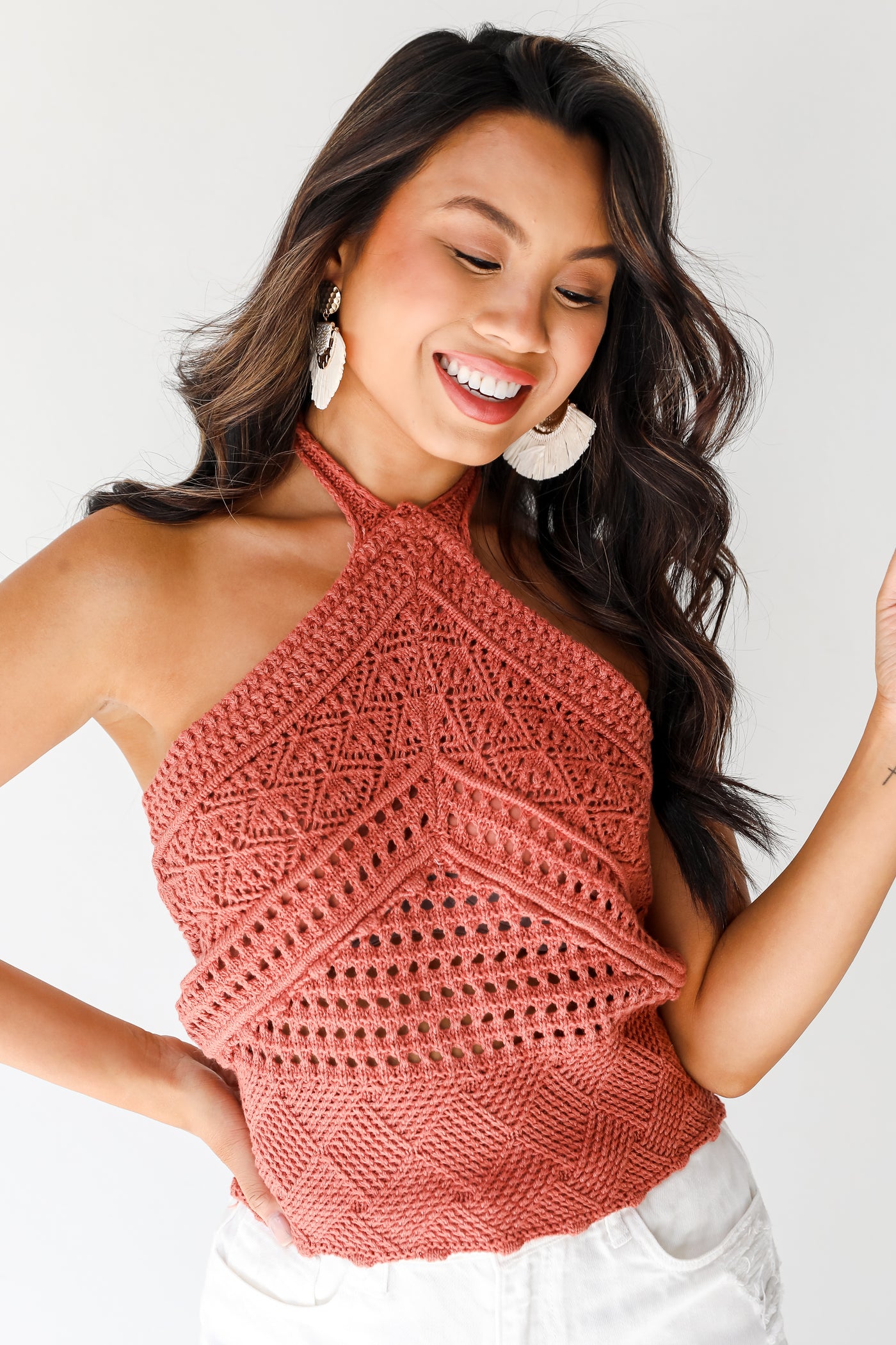 coral Crochet Knit Halter Tank