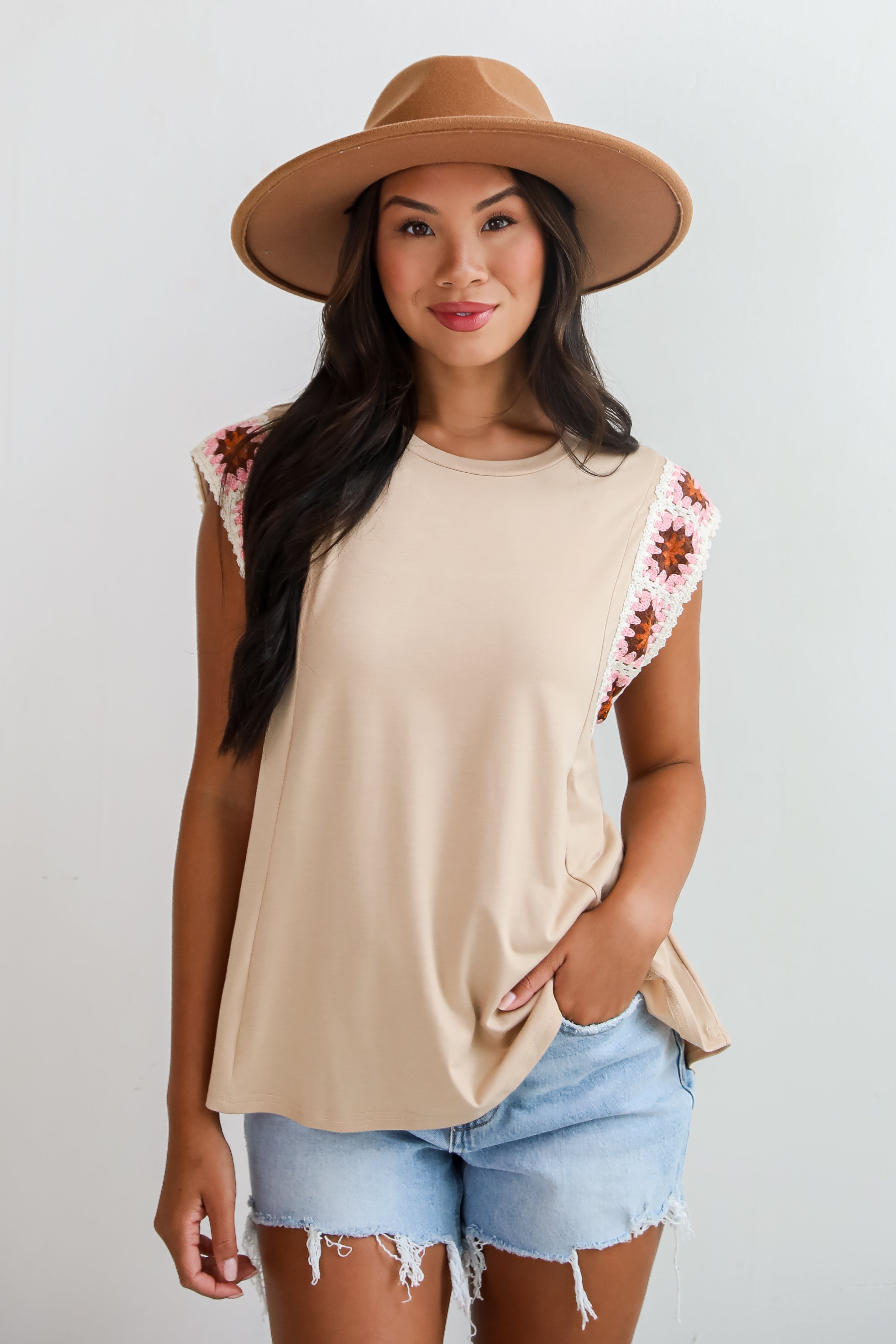 Adored Cutie Mocha Crochet Sleeve Top