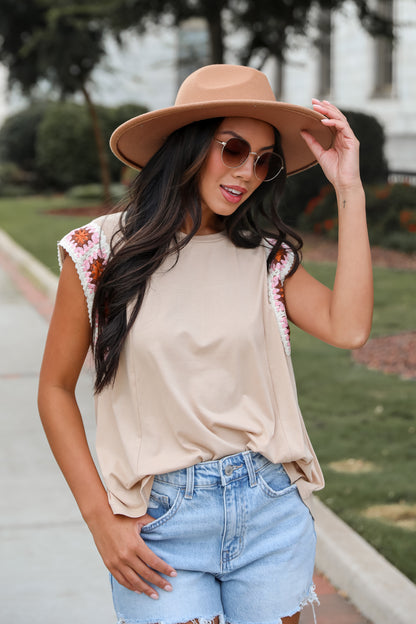 Adored Cutie Mocha Crochet Sleeve Top