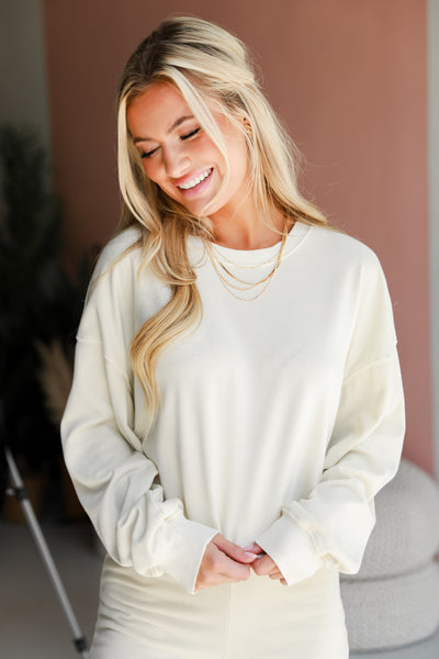 cream Cropped Pullover on model