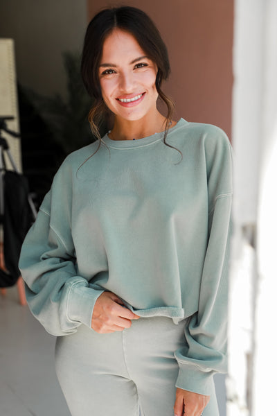 sage Cropped Pullover on model