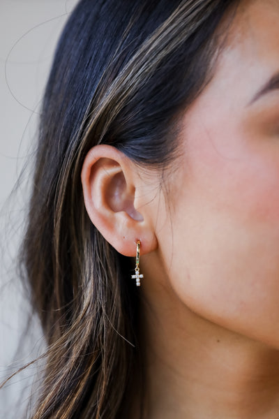 womens Gold Rhinestone Cross Mini Hoop Earrings