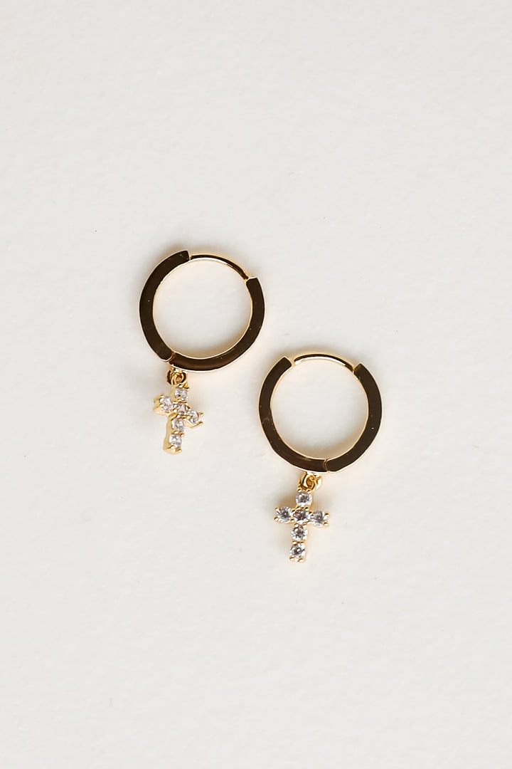 Gold Rhinestone Cross Mini Hoop Earrings