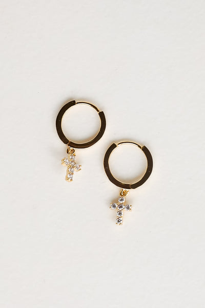 Gold Rhinestone Cross Mini Hoop Earrings