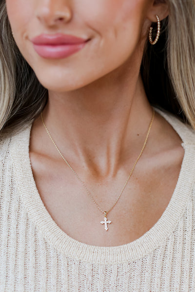 Gold Rhinestone Cross Charm Necklace close up