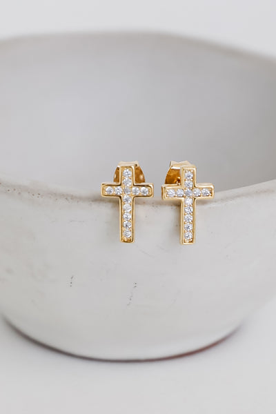 Gold Rhinestone Cross Stud Earrings