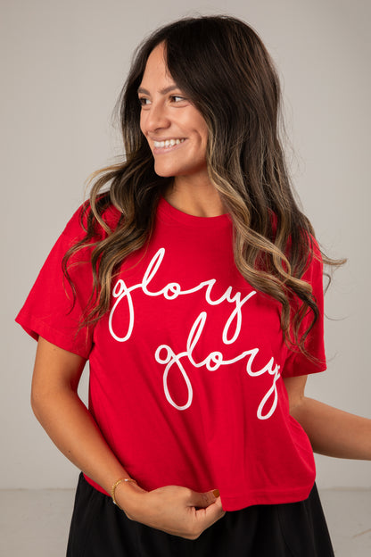 Woman wearing a red t-shirt with &