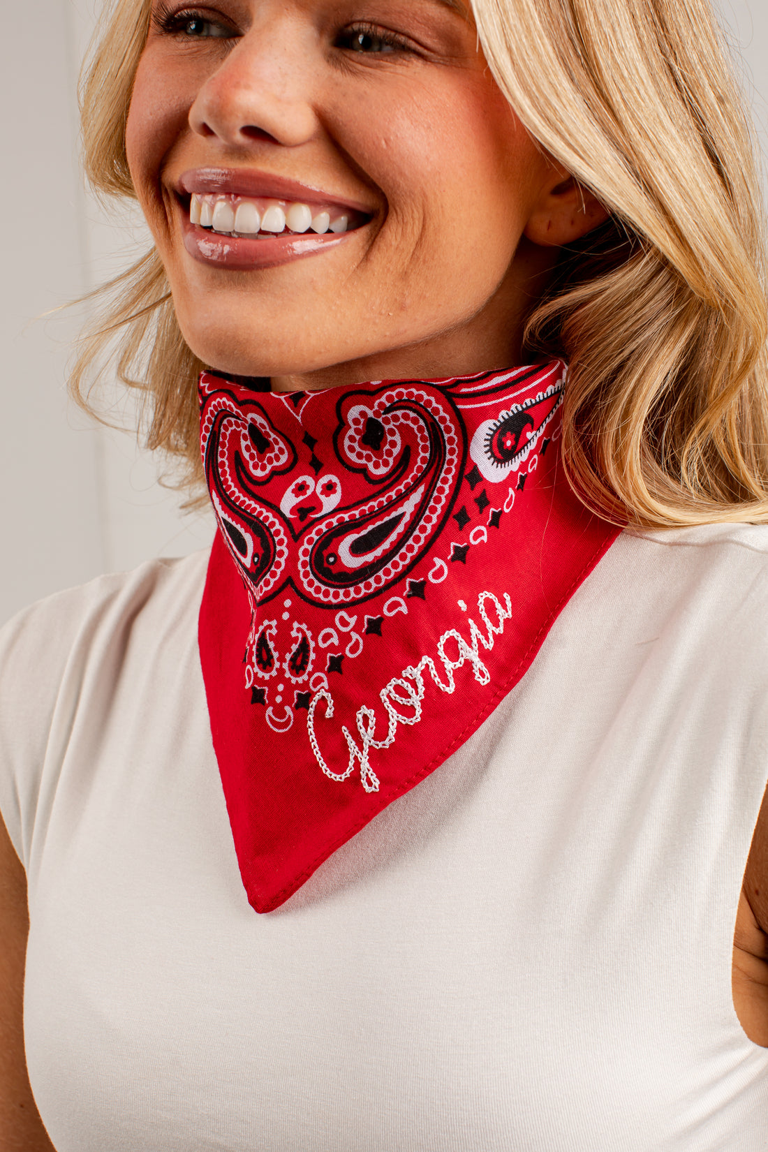 Red Georgia White Script Embroidered Bandana