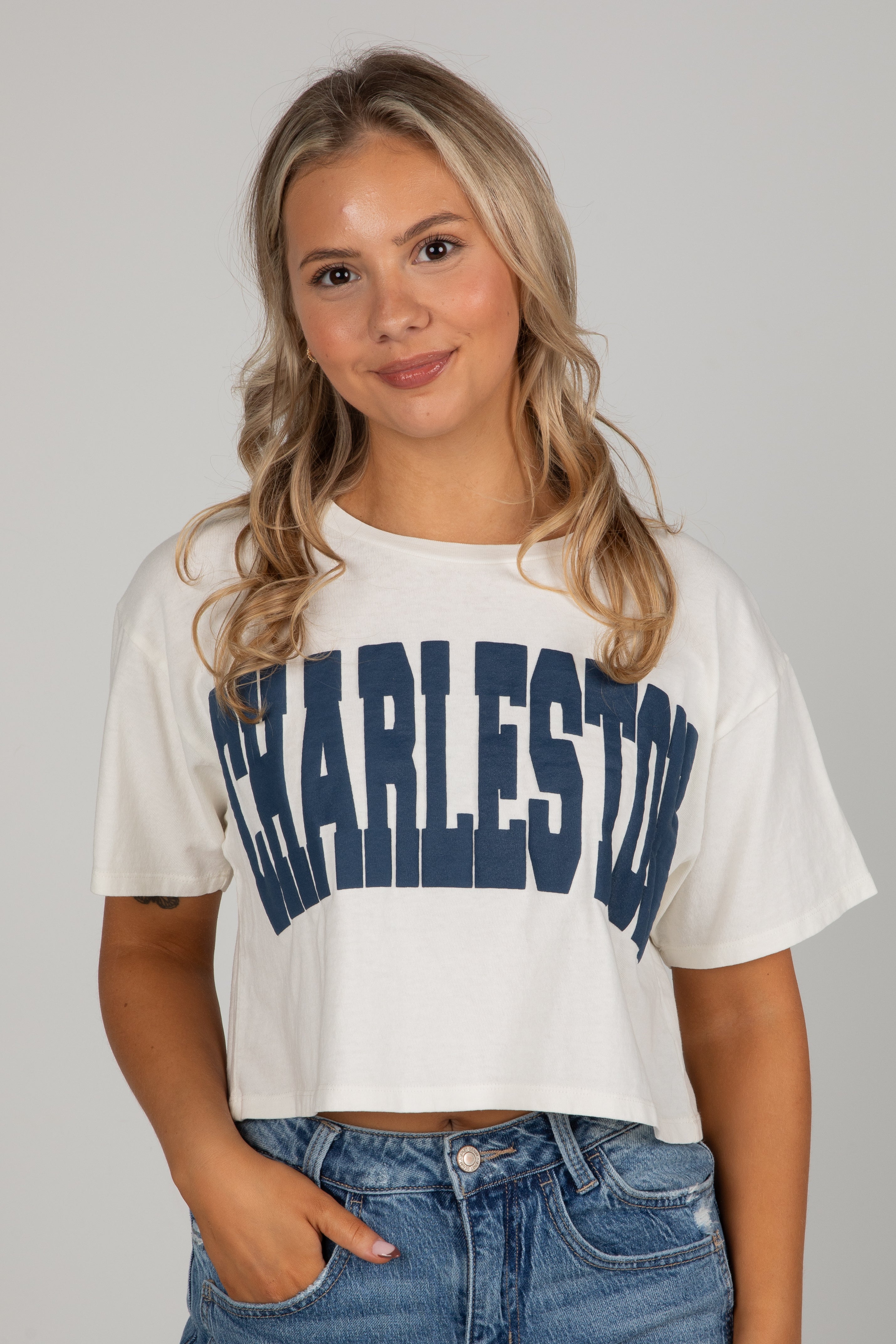 Off White/Navy Charleston Cropped Tee | DU Exclusives | DressUp