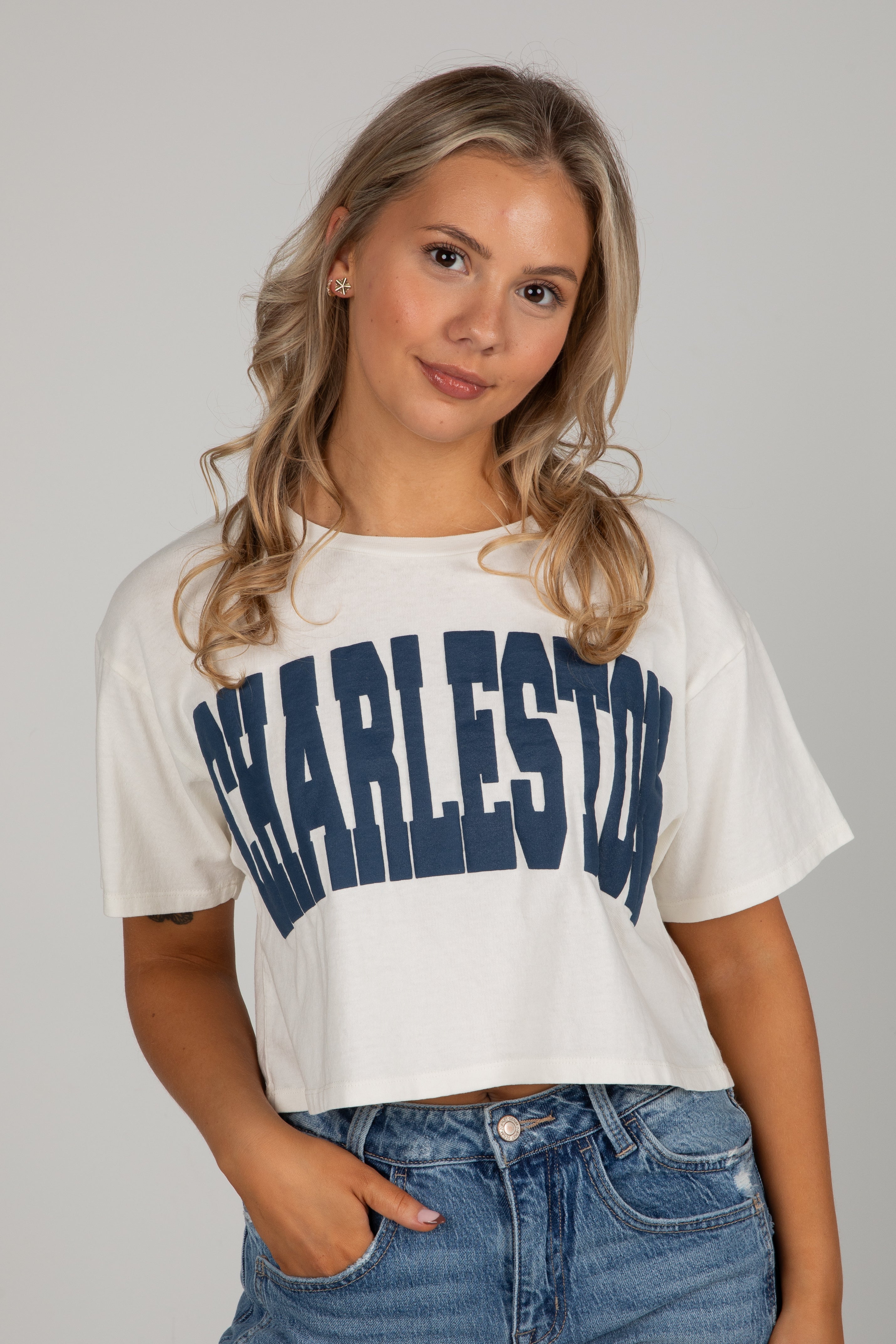 Off White/Navy Charleston Cropped Tee | DU Exclusives | DressUp