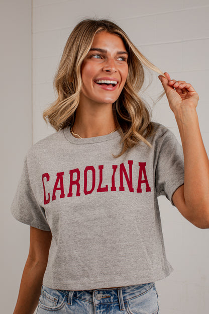 A woman wearing a heather gray cropped t-shirt with &