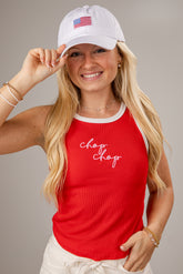 Woman wearing a red &