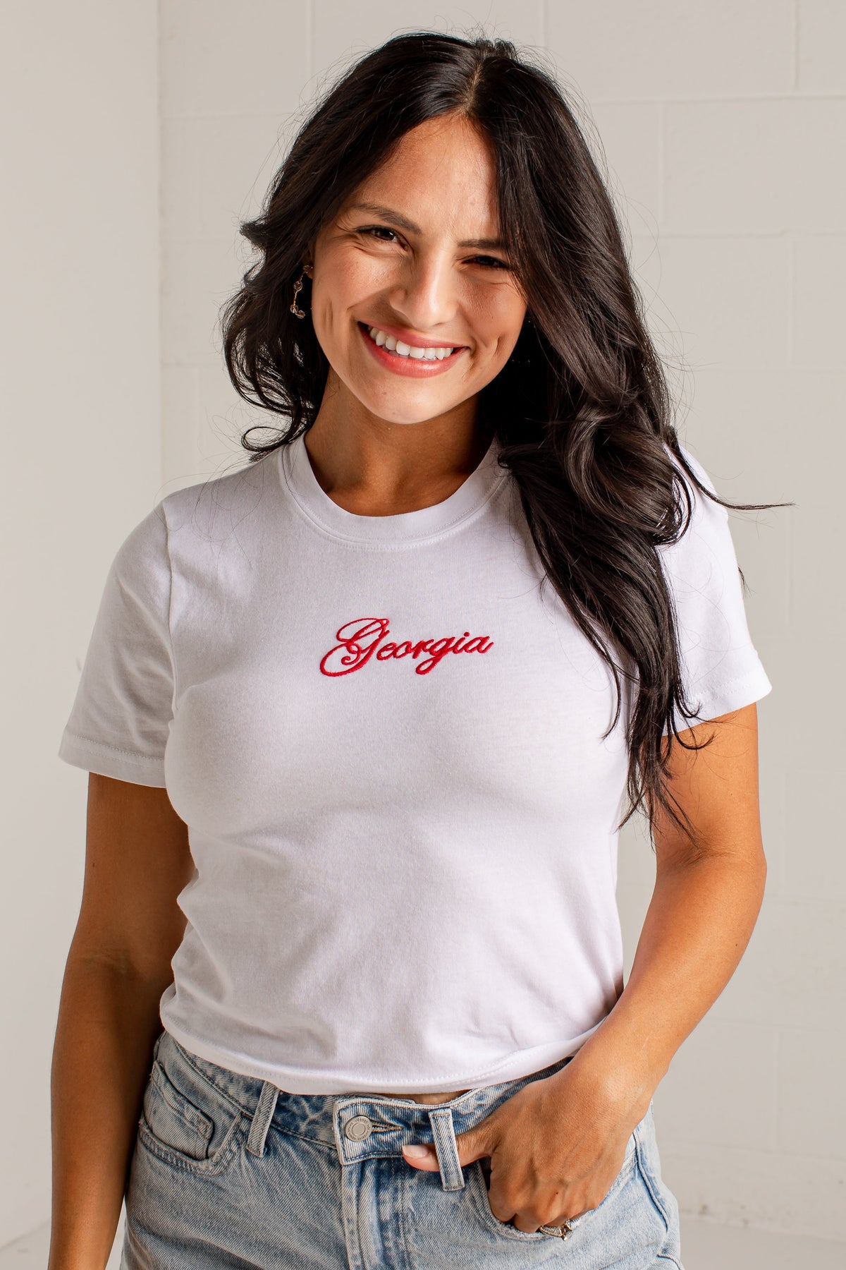 Georgia Script Embroidered White Baby Tee