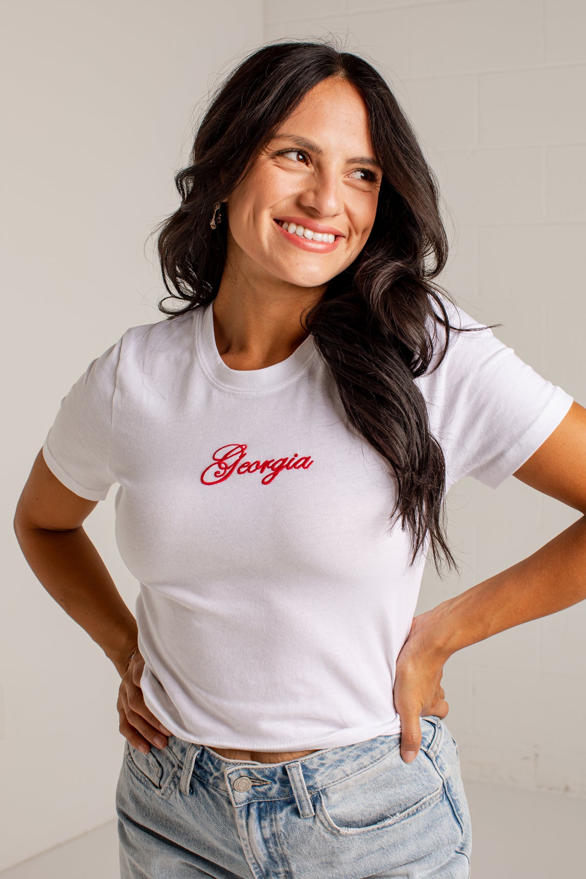 Georgia Script Embroidered White Baby Tee