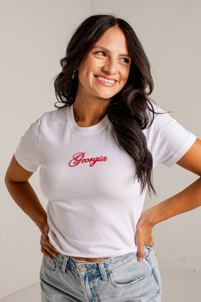 Georgia Script Embroidered White Baby Tee