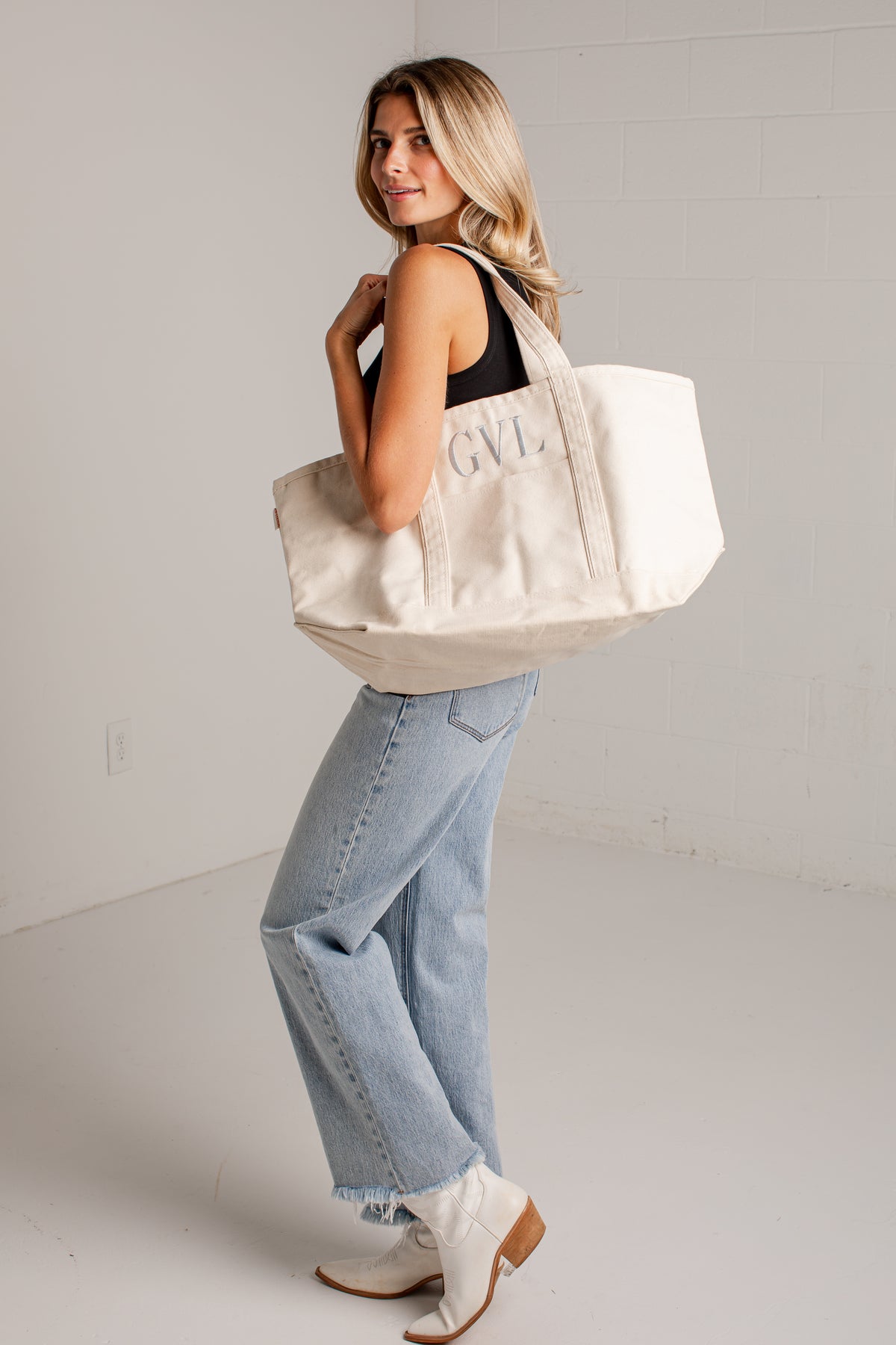 GVL Natural Embroidered Large Canvas Tote Bag