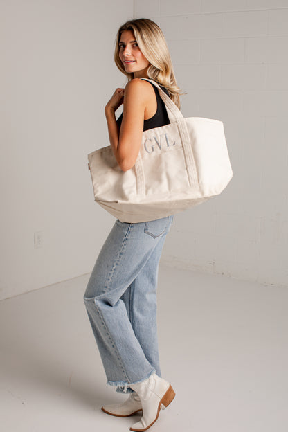GVL Natural Embroidered Large Canvas Tote Bag