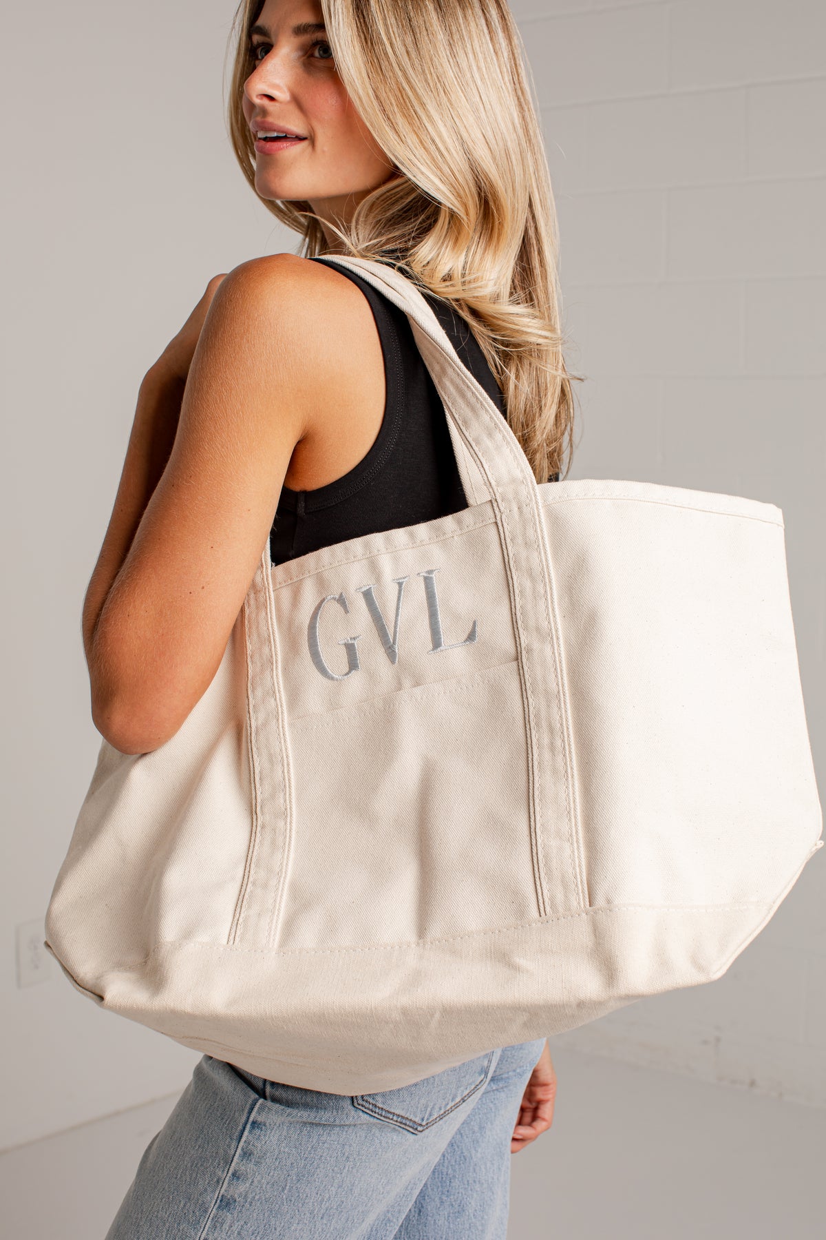 GVL Natural Embroidered Large Canvas Tote Bag