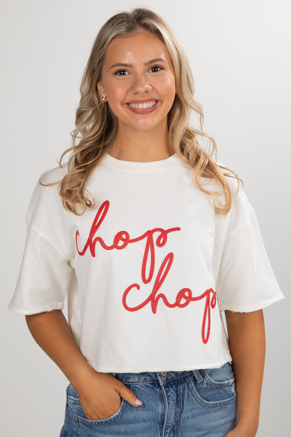 Woman wearing a white t-shirt with &