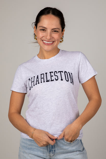 Woman wearing a white t-shirt with &