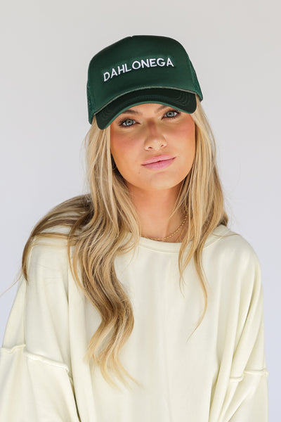 green Dahlonega Trucker Hat on dress up model