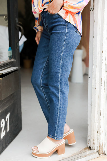 dark wash Mom Jeans on model