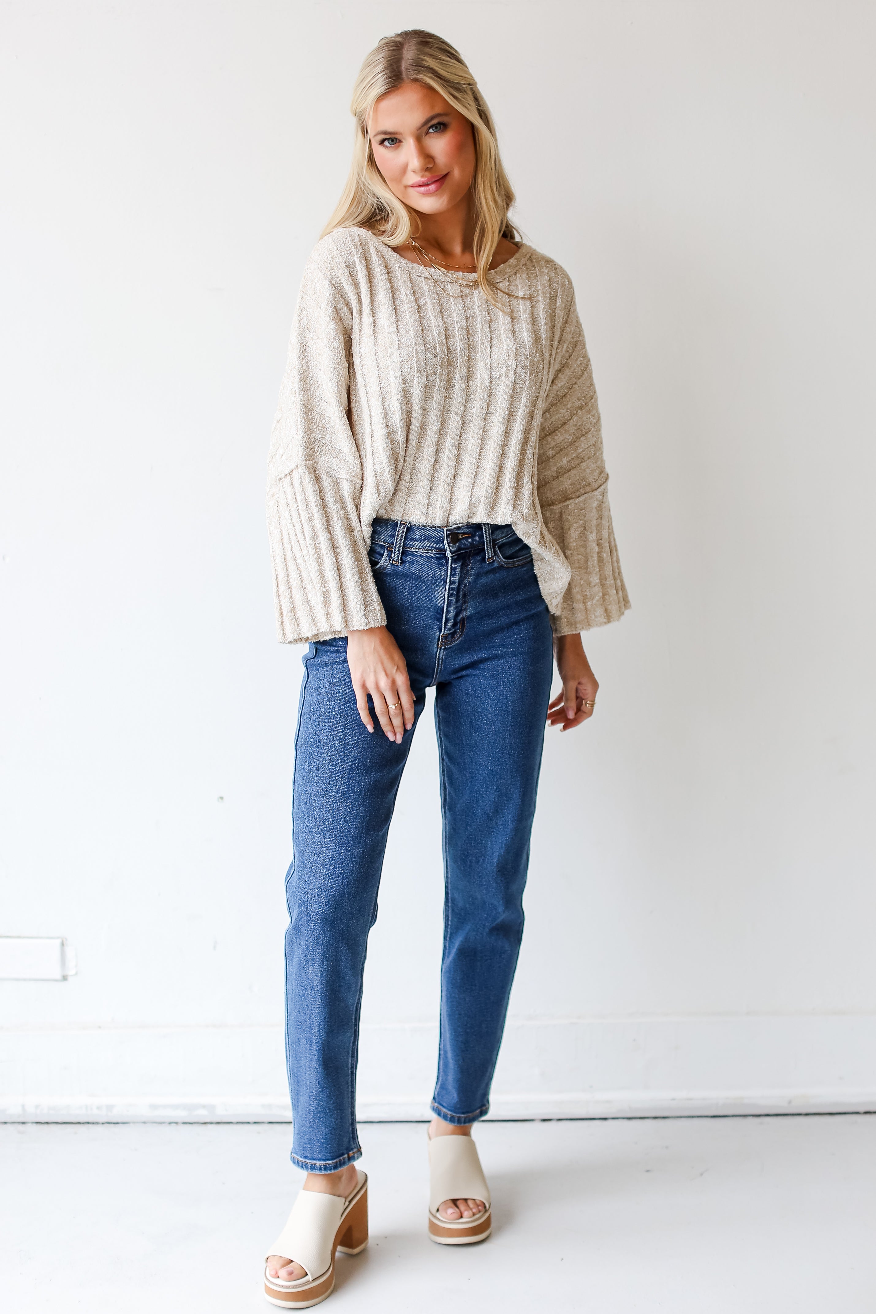 dark wash Mom Jeans on dress up model