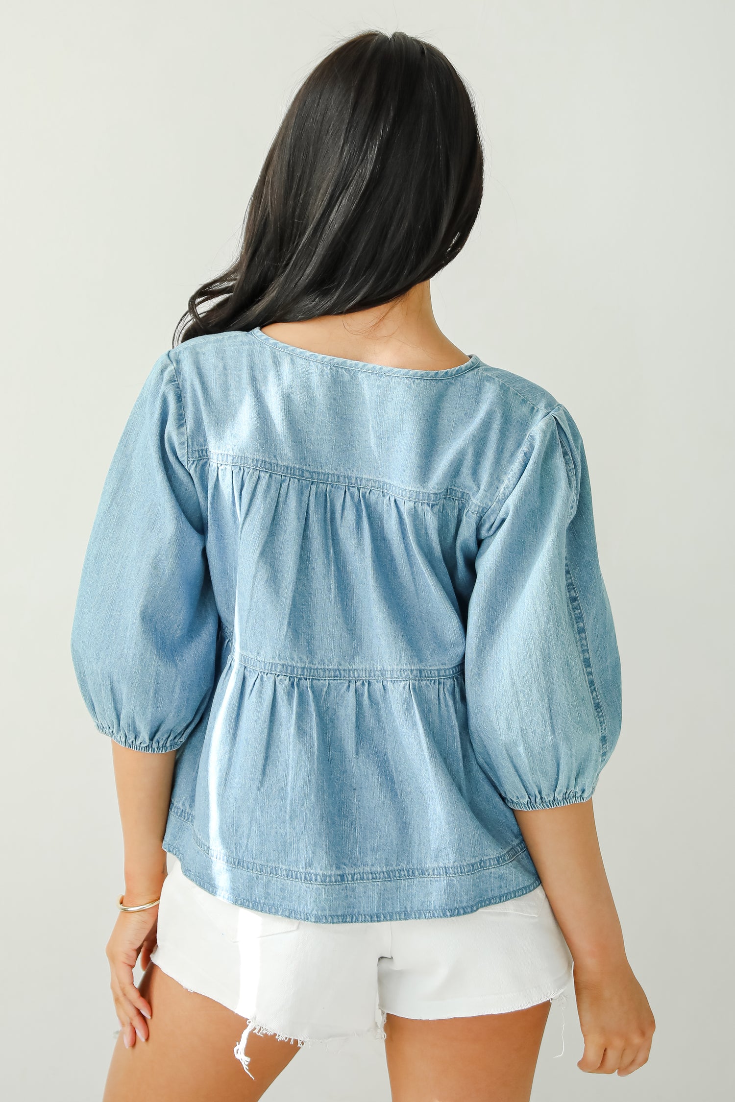 Exceptionally Dreamy Washed Denim Babydoll Blouse