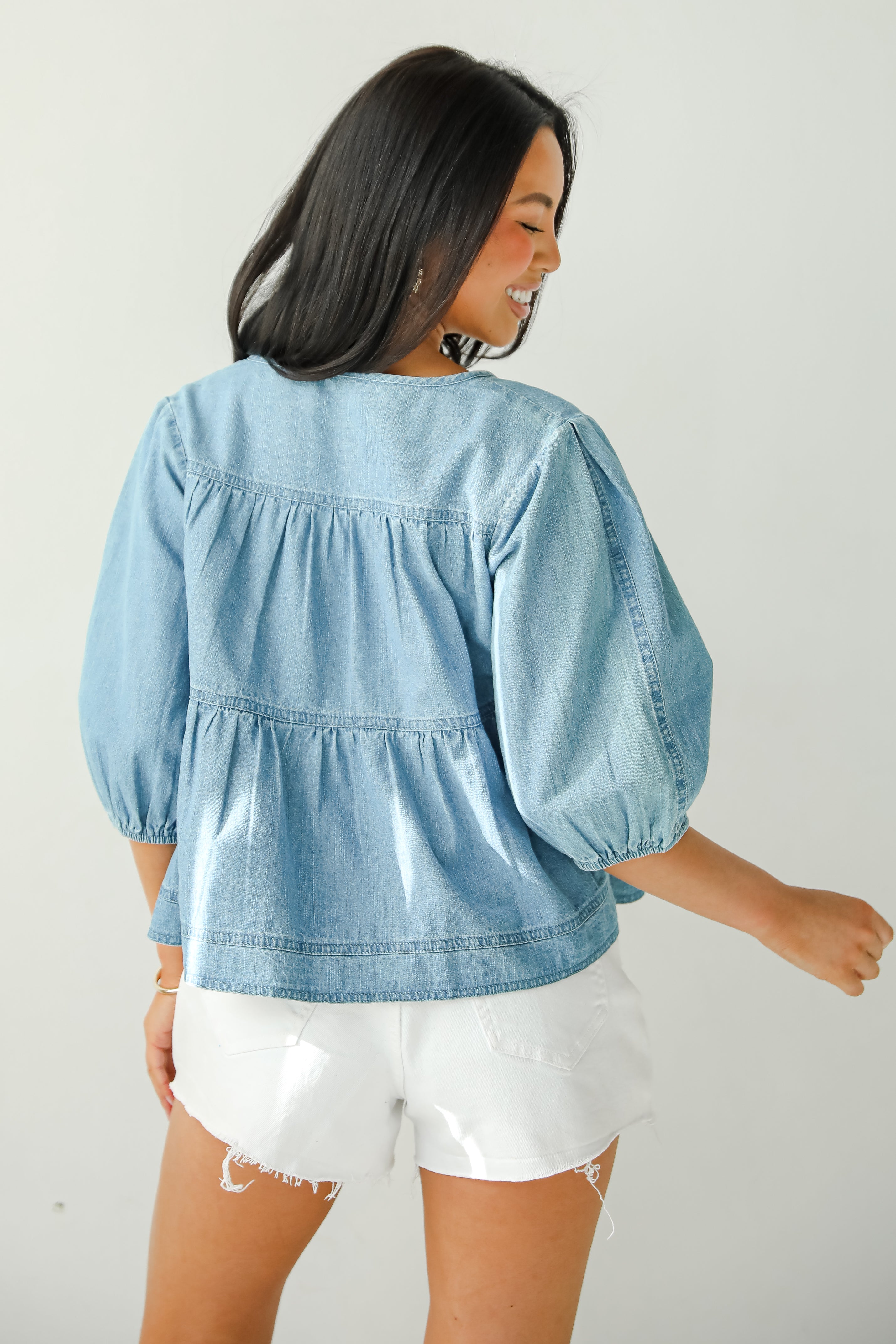 Exceptionally Dreamy Washed Denim Babydoll Blouse