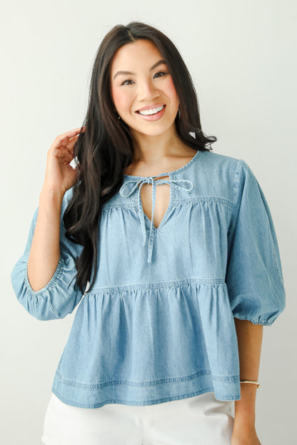 Exceptionally Dreamy Washed Denim Babydoll Blouse