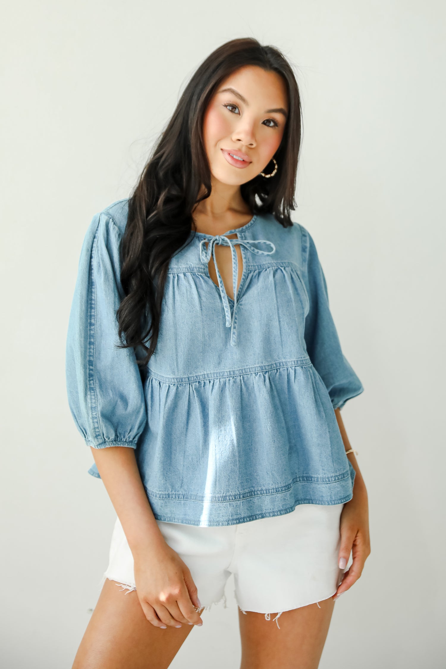 Exceptionally Dreamy Washed Denim Babydoll Blouse