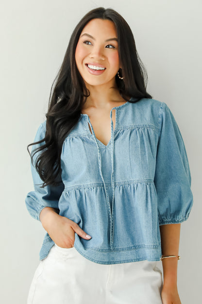 Exceptionally Dreamy Washed Denim Babydoll Blouse