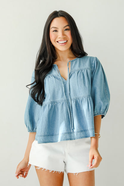 Exceptionally Dreamy Washed Denim Babydoll Blouse