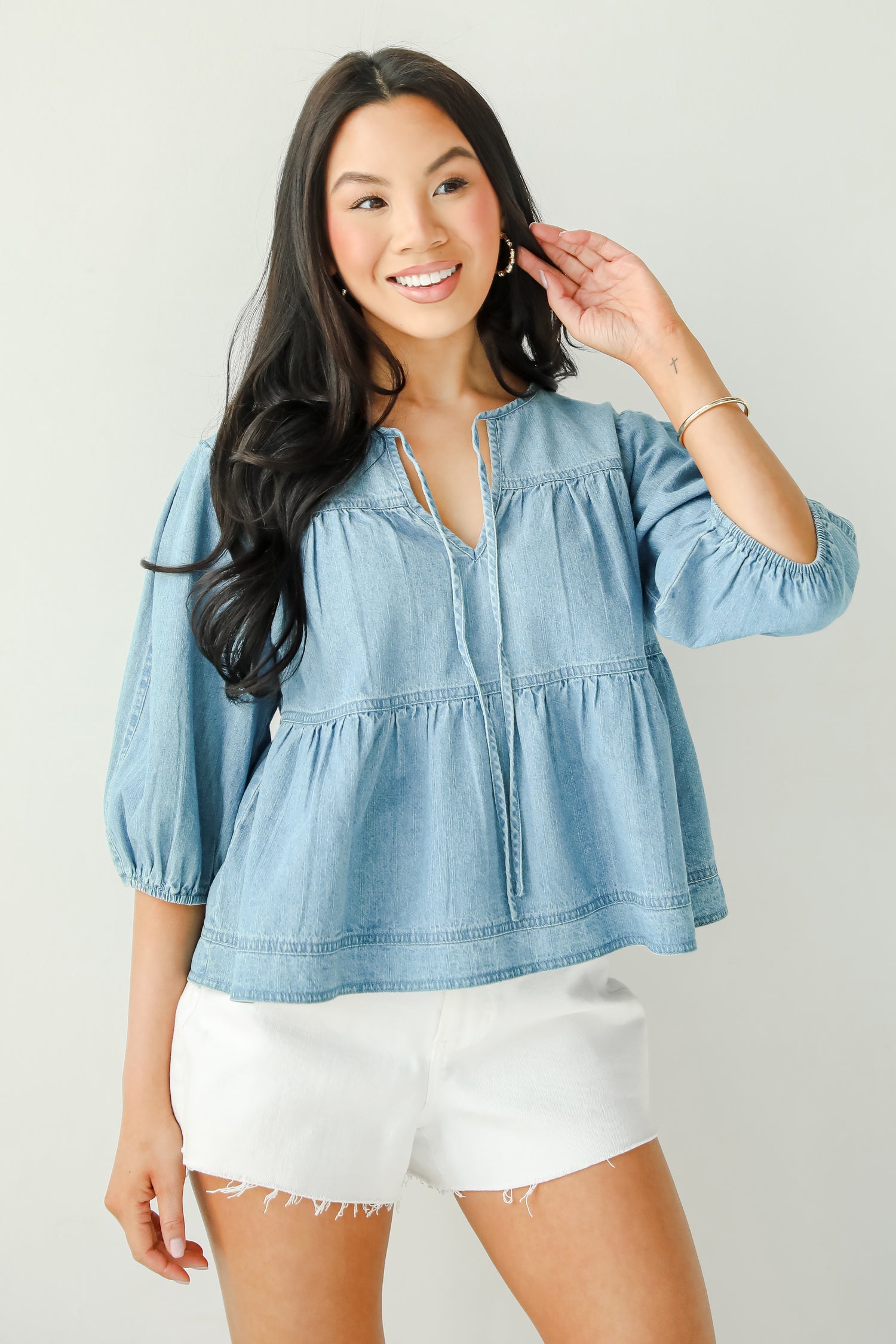 Exceptionally Dreamy Washed Denim Babydoll Blouse