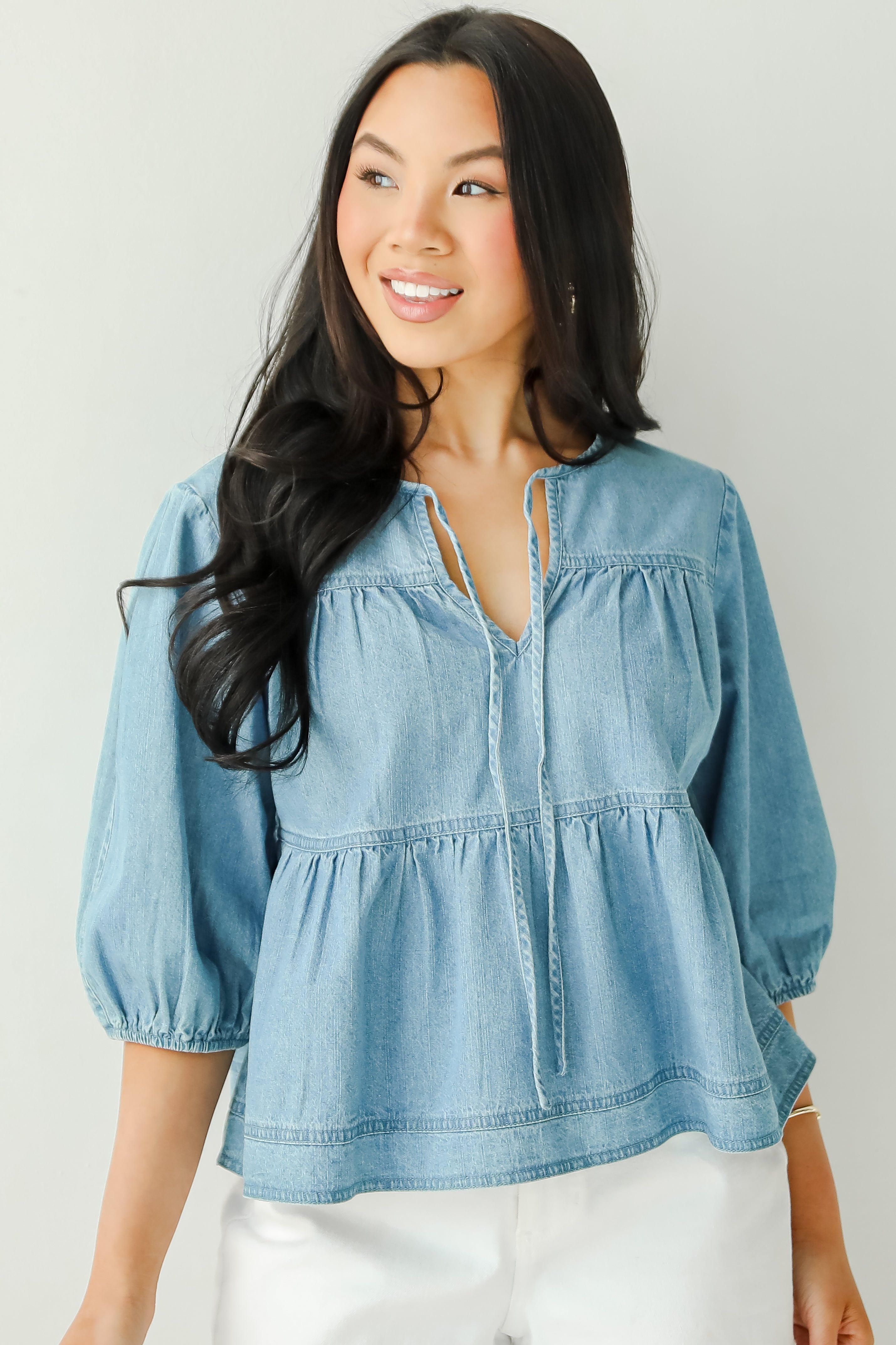 Exceptionally Dreamy Washed Denim Babydoll Blouse