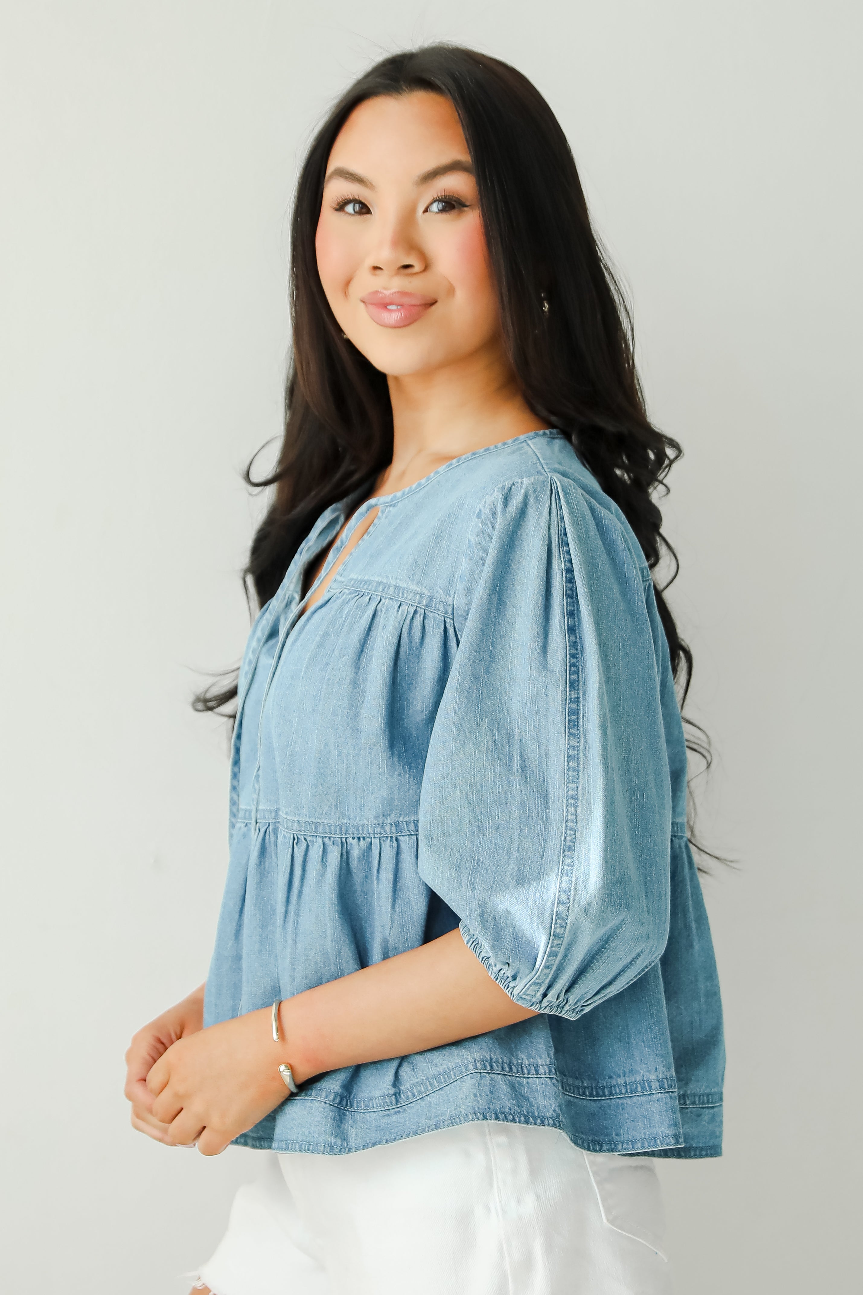 Exceptionally Dreamy Washed Denim Babydoll Blouse