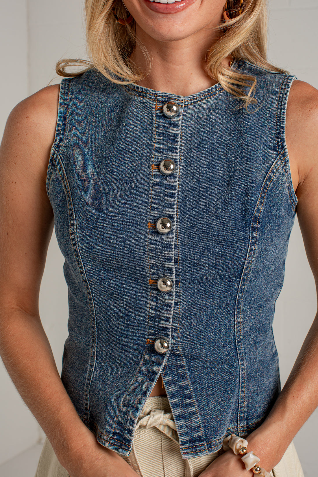 button front medium wash denim vest