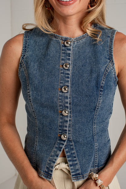 button front medium wash denim vest