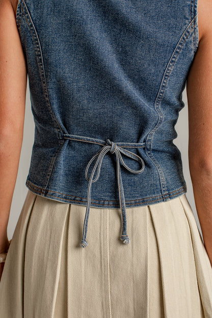 button front medium wash denim vest