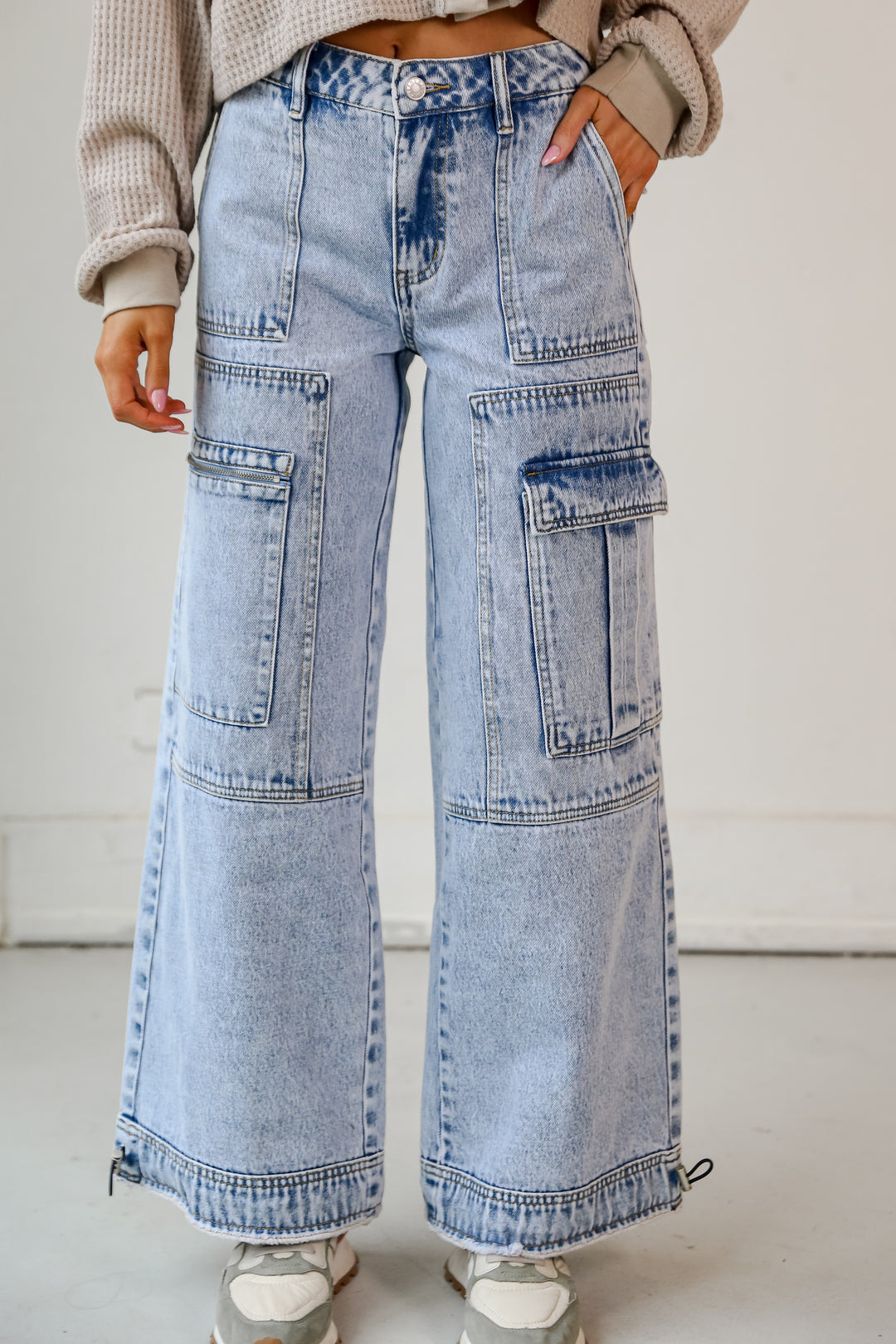 Light Wash Acid Washed Cargo Jeans front view