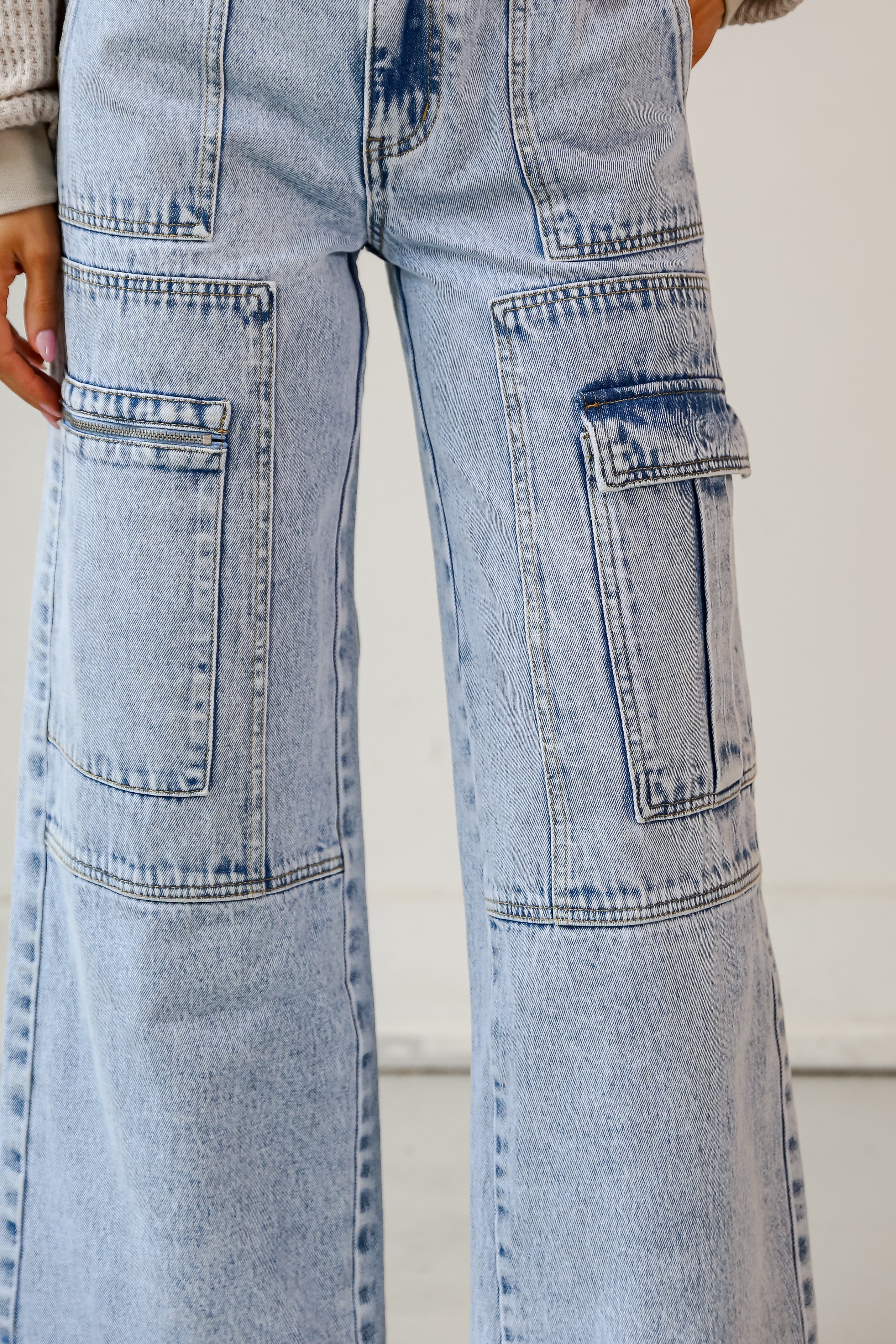 Light Wash Acid Washed Cargo Jeans close up