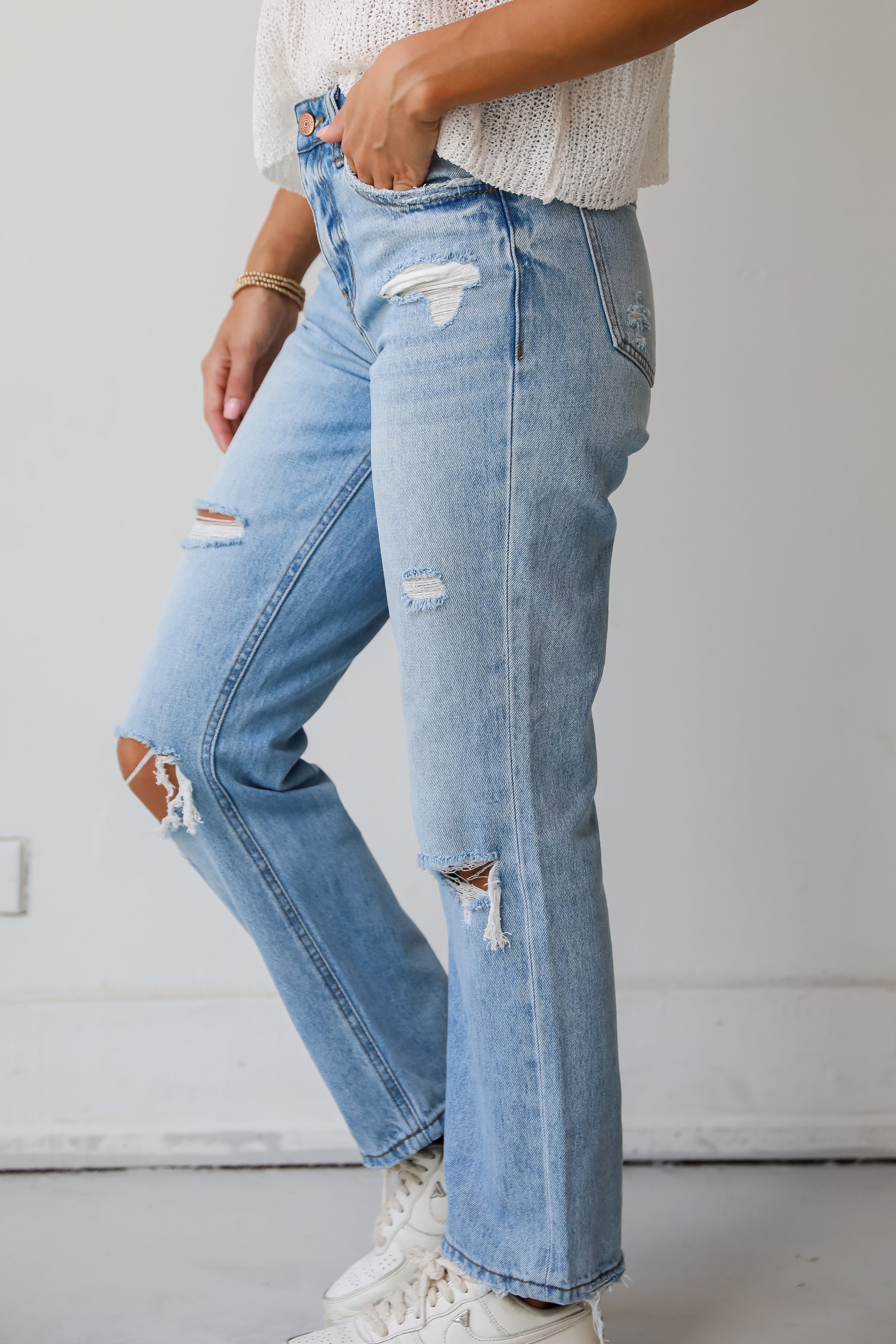 Straight Up Medium Wash High Rise selling Distressed Denim Jeans