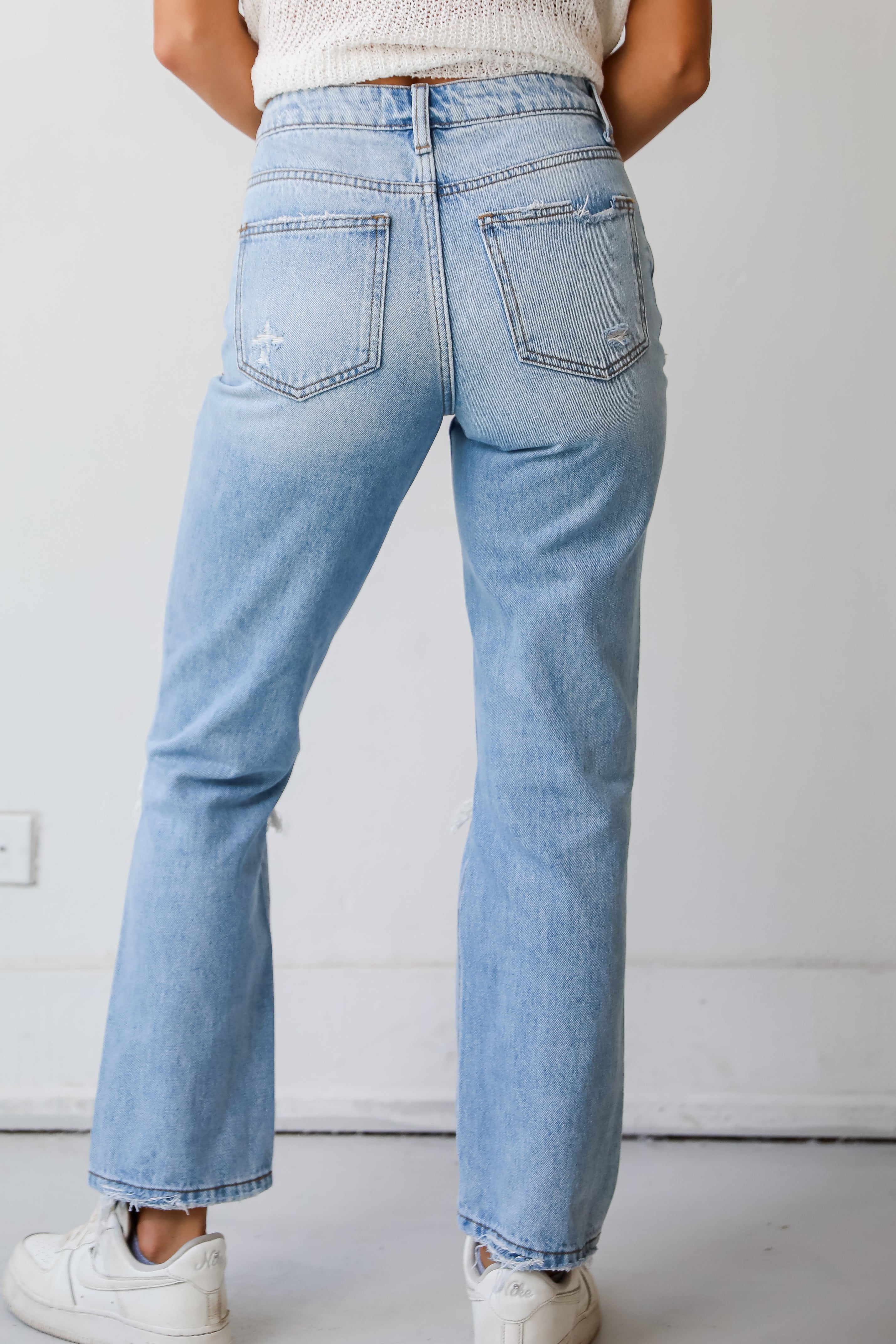 Straight Up Medium Wash High Rise fashion Distressed Denim Jeans