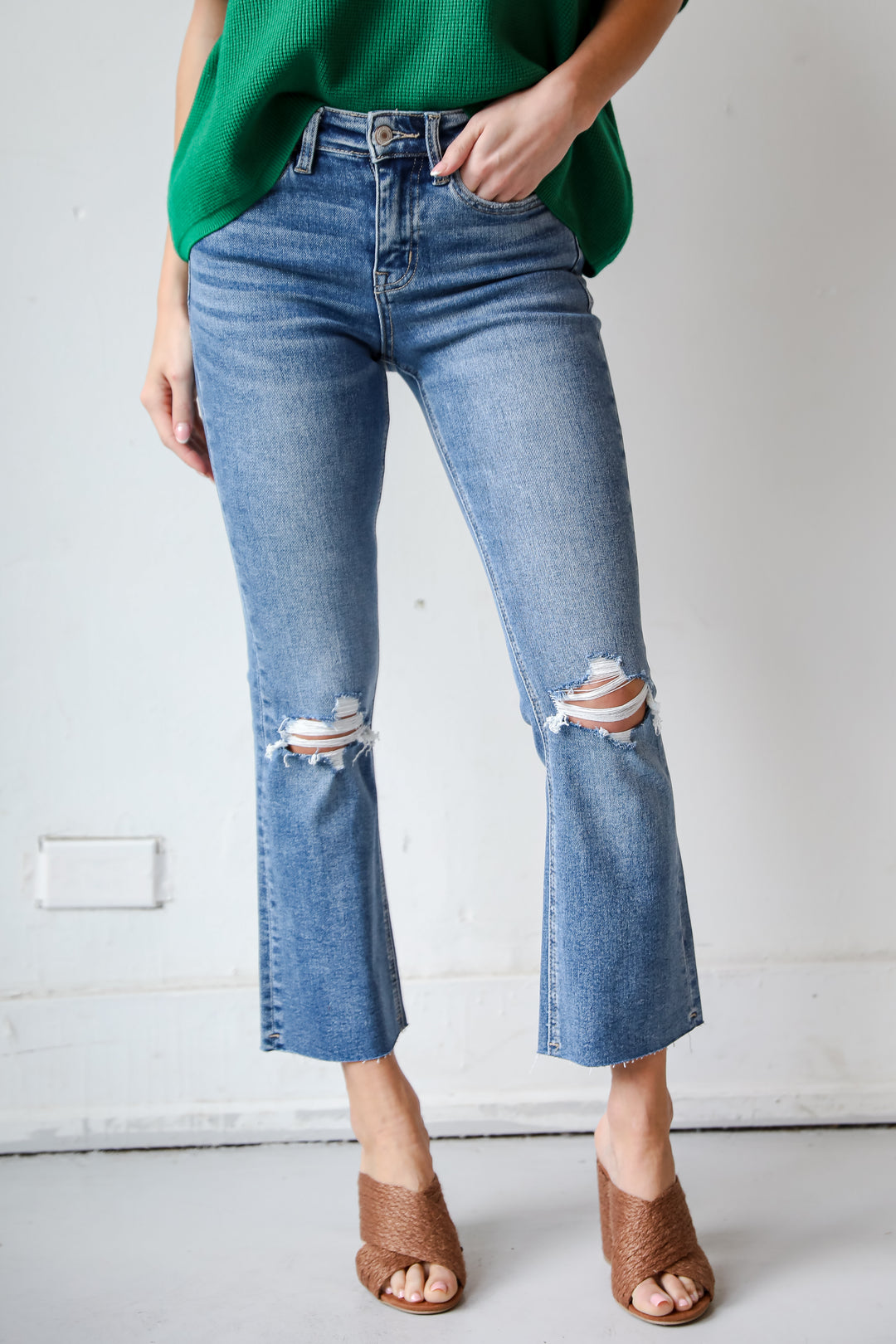 Medium Wash Distressed High-Rise Flare Jeans