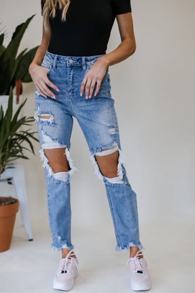 distressed light wash jeans