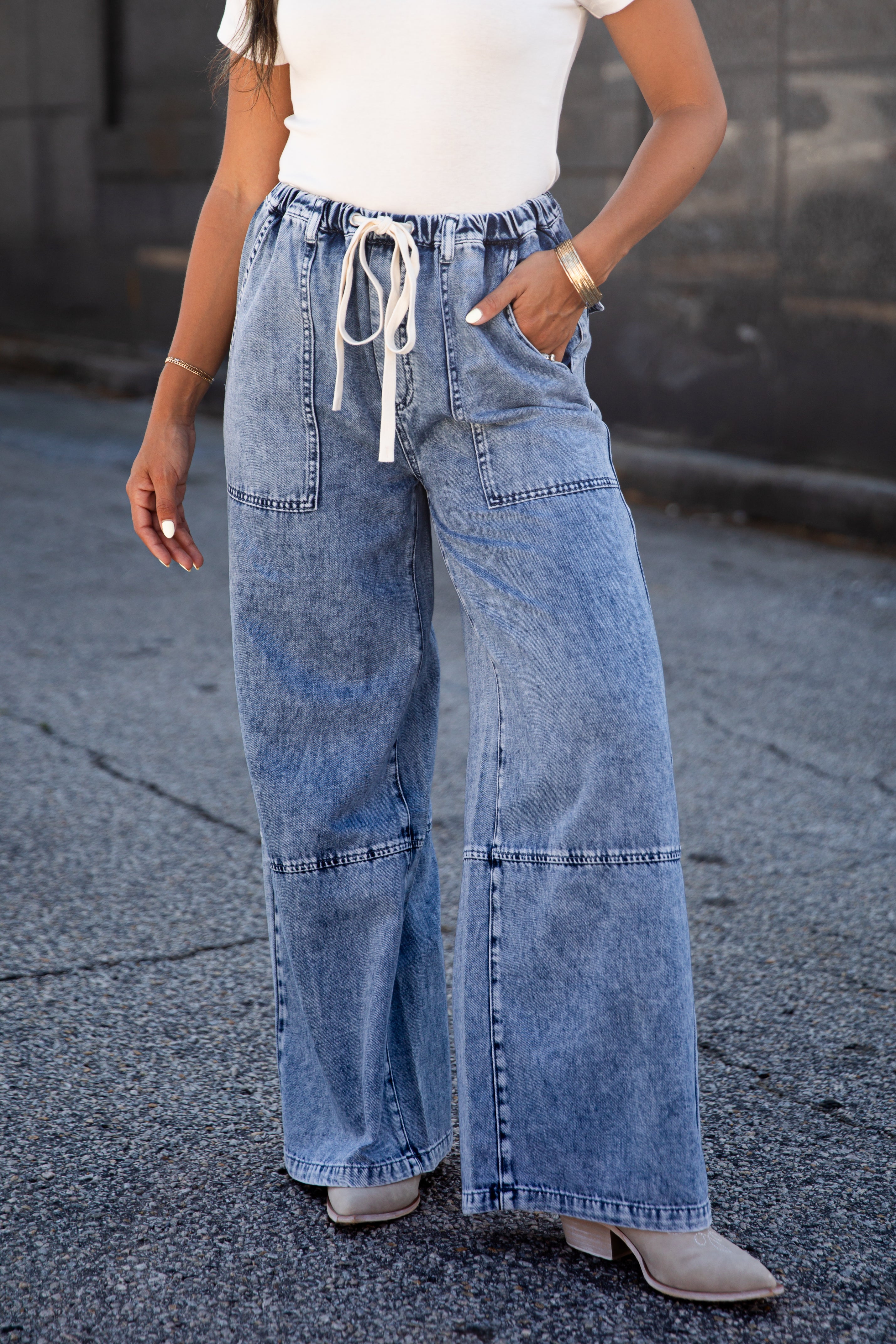 Murphy Wide Leg Drawstring Denim Pants | Trendy Women's Pants