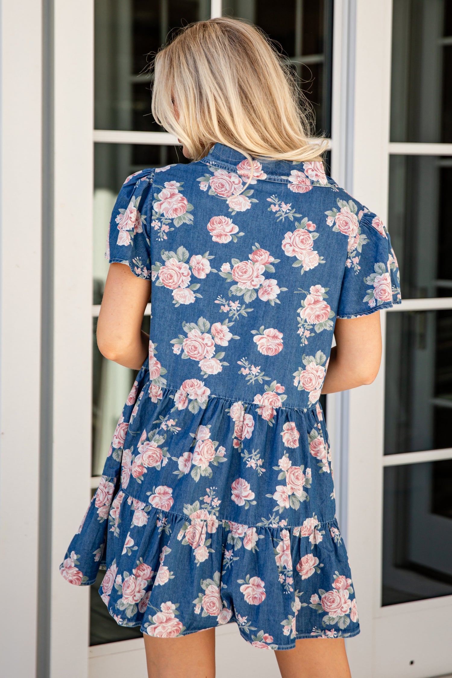 Floral Denim Tiered Mini Dress | Trendy Women's Dress Floral Denim Tiered Mini Dress | Trendy Women's Dress