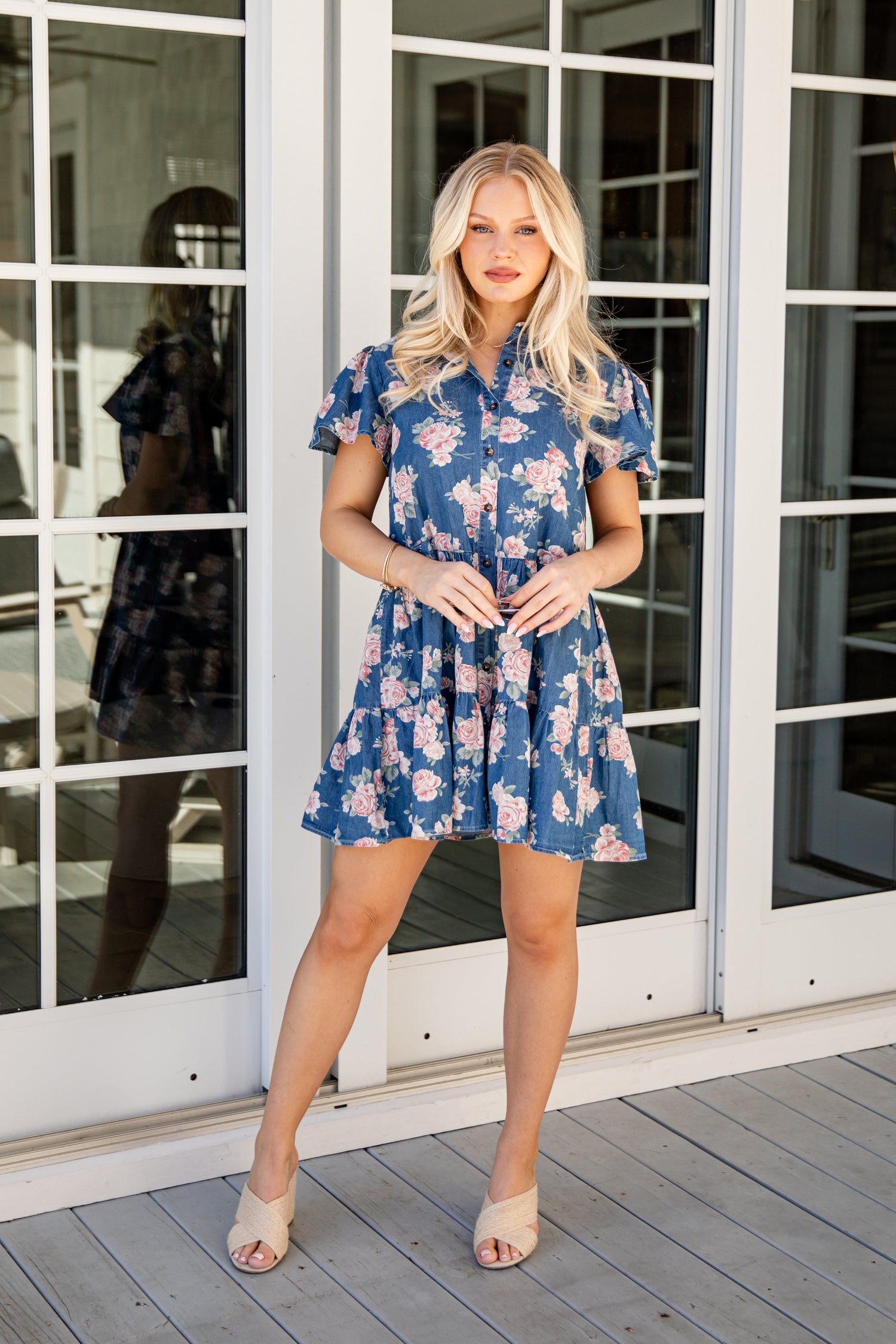 Floral Denim Tiered Mini Dress | Trendy Women's Dress | ShopDressUp Denim / Medium Floral Denim Tiered Mini Dress | Trendy Women's Dress | ShopDressUp Denim / Medium