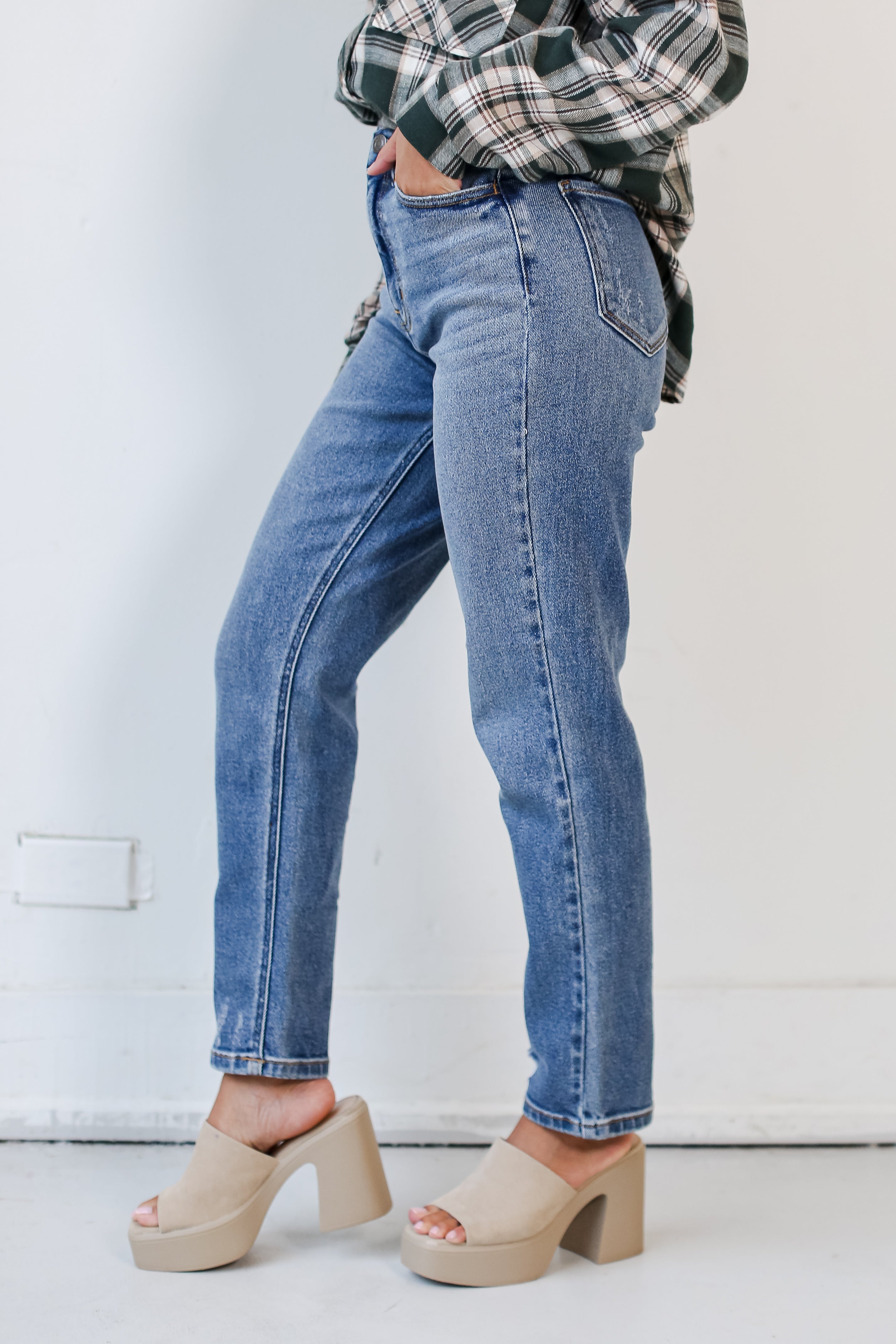 high rise medium wash Mom Jeans side view