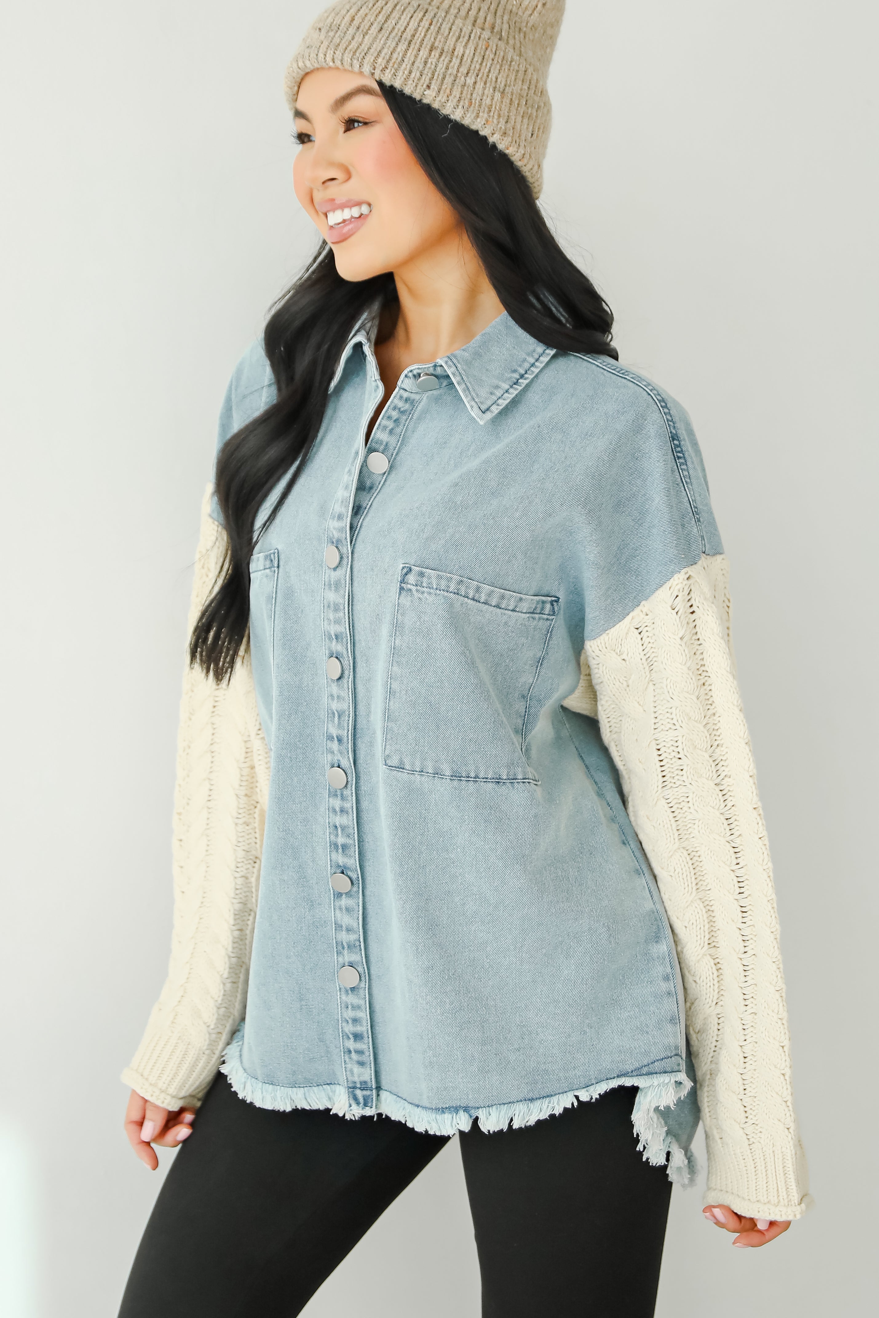 Bundled Perfection Denim Cable Knit Sleeve Shacket